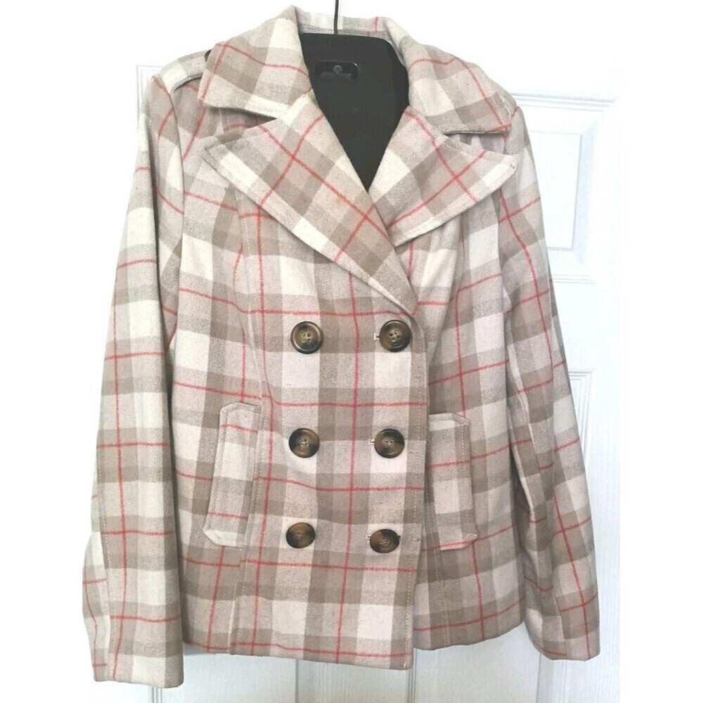 Old Navy Wool Blend Peacoat Plaid Jacket Size Medium Beige Red  Double Breasted